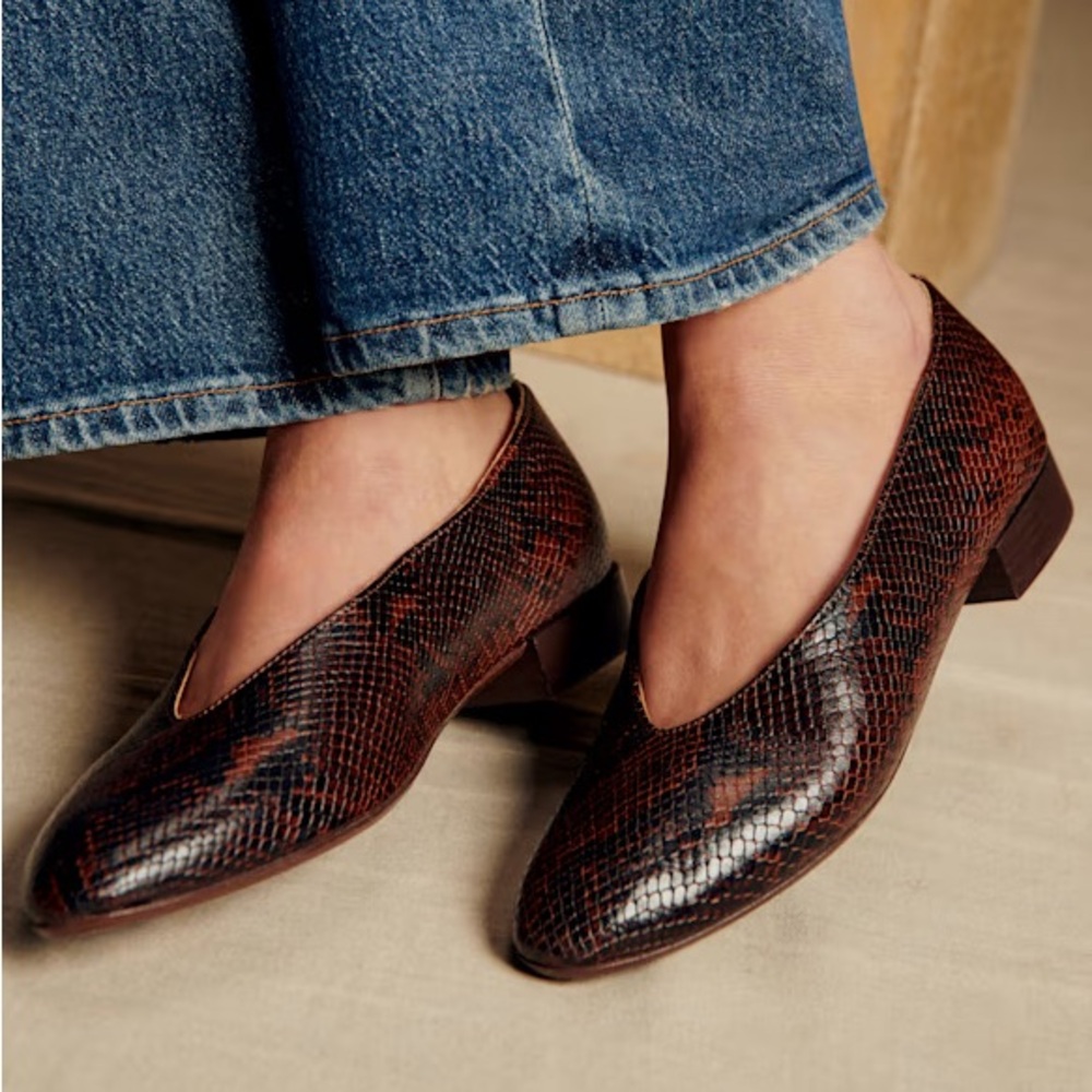 Sezane Brown Snakeskin-Effect Pointed Toe Flats